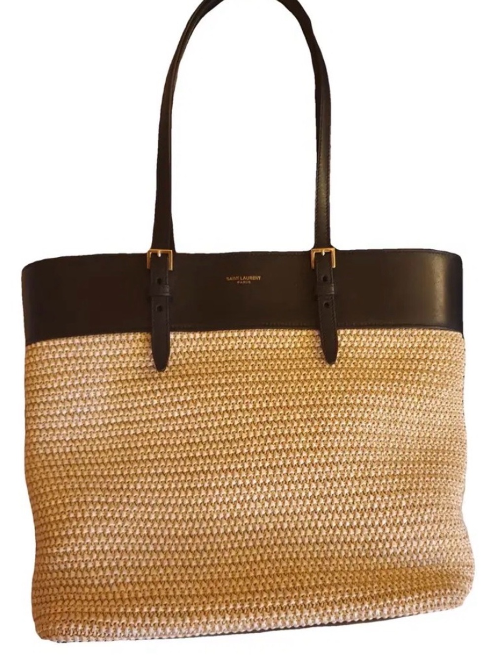 Saint Laurent Black Leather and Raffia Large Tote
